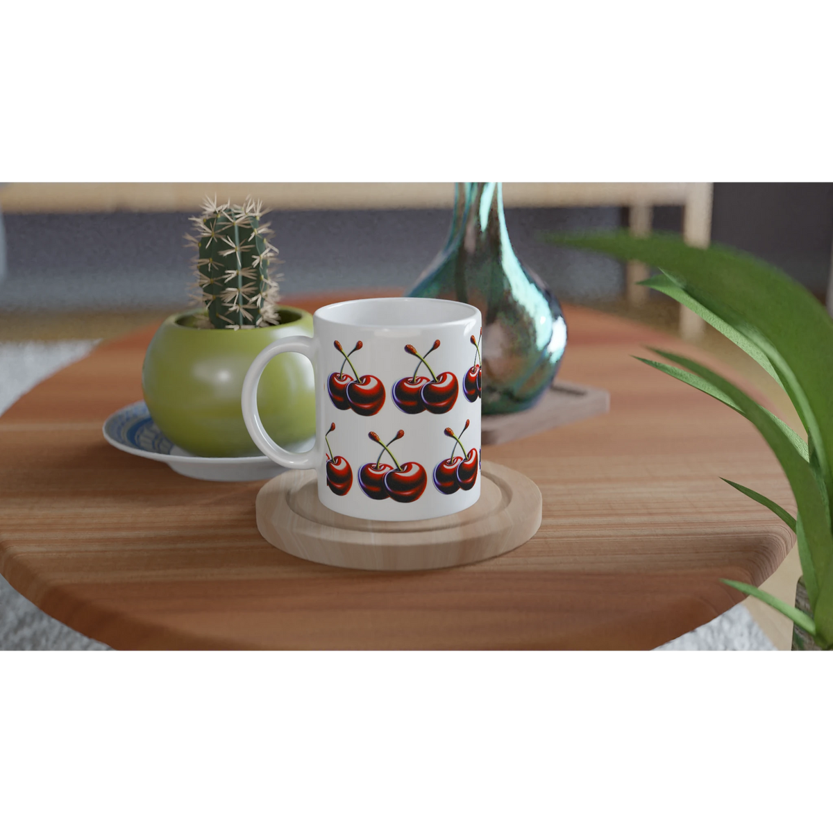 Cherry Mug Gift For Her: glossy white ceramic mug with vivid cherry print on a wooden coaster
