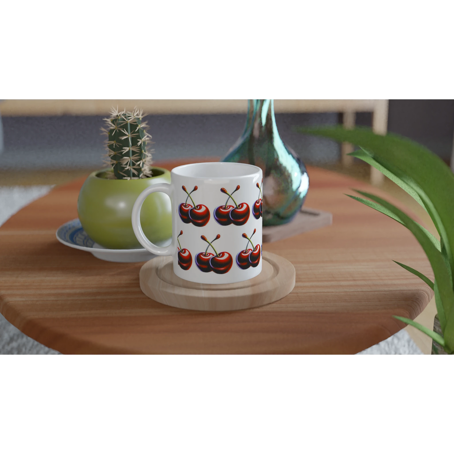 Cherry Mug Gift For Her: glossy white ceramic mug with vivid cherry print on a wooden coaster