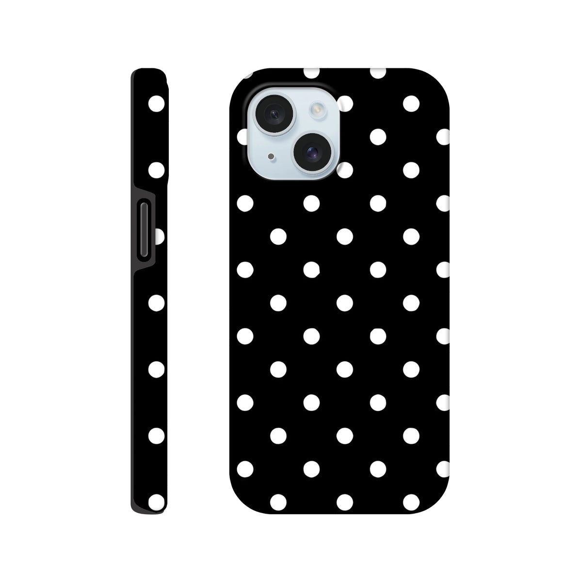 Black and white polka dot tough iPhone case featuring a durable dual-layer frame and shock-absorbing TPU core for impact resistance.