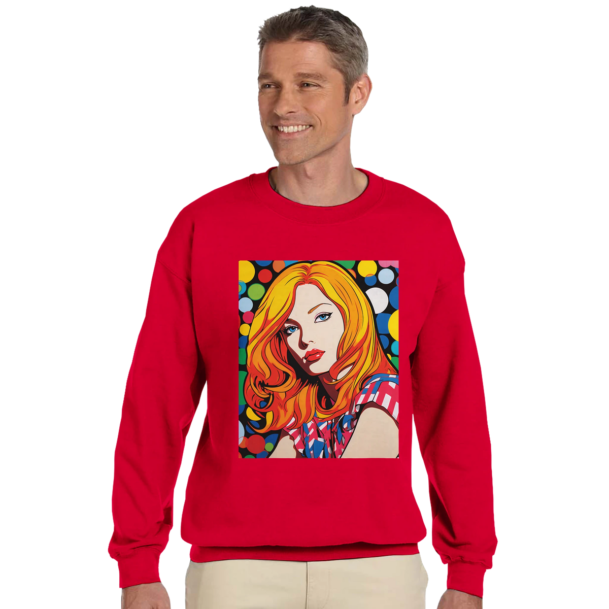 Man wearing a red Retro Pop Art Woman Sweatshirt for Men with a bold colorful comic graphic of a woman's face.