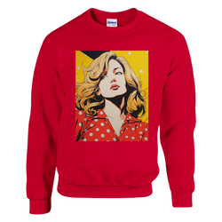 Red sweatshirt featuring retro pop art print of a blonde woman in a vintage comic style with yellow background and polka dots.