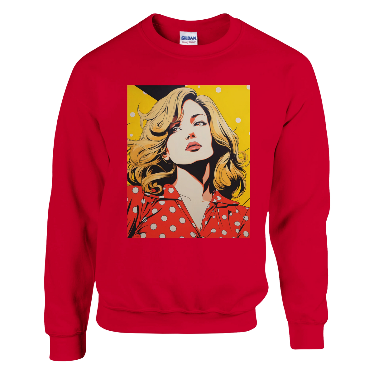 Red sweatshirt featuring retro pop art print of a blonde woman in a vintage comic style with yellow background and polka dots.