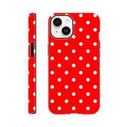 Red and white polka dot tough iPhone case for models 13-16. Cute dual-layer TPU shell with glossy wraparound print and shockproof corner protection.