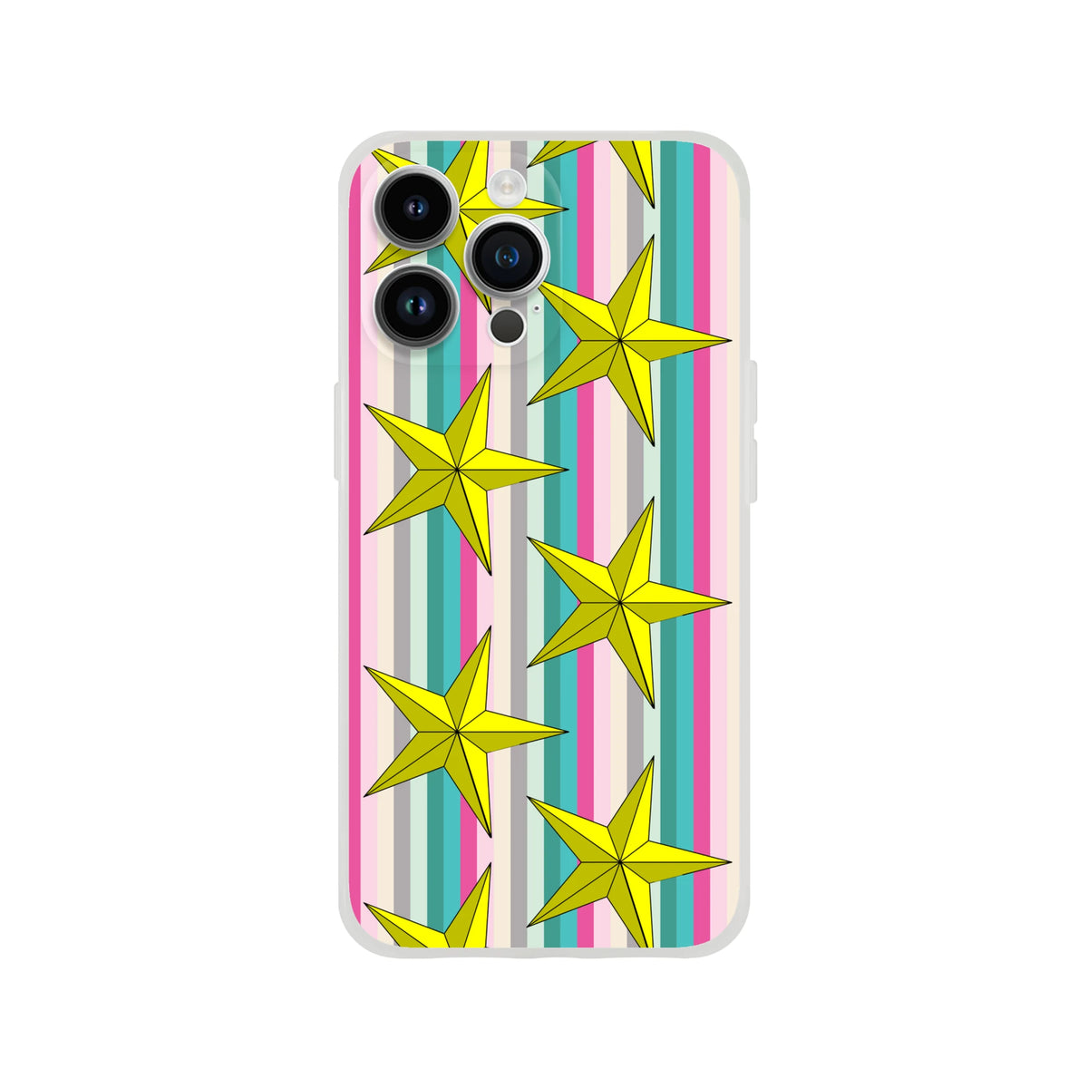 Pastel stripe iPhone case with gold stars for iPhone 13-16, slim matte TPU cover with a cute aesthetic design.
