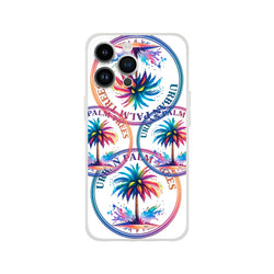 Urban Palm Trees iPhone Case 13–16 with retro tropical palms, colorful rings, matte finish.