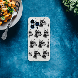 Transparent iPhone case for 13-16 with a repeating gangster Doberman pattern wearing sunglasses.