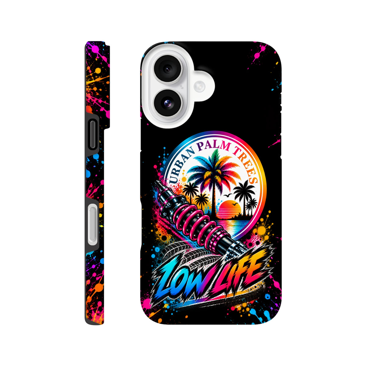 Low Life Petrolhead iPhone case with shock absorber, palm trees, and neon splatter art design.