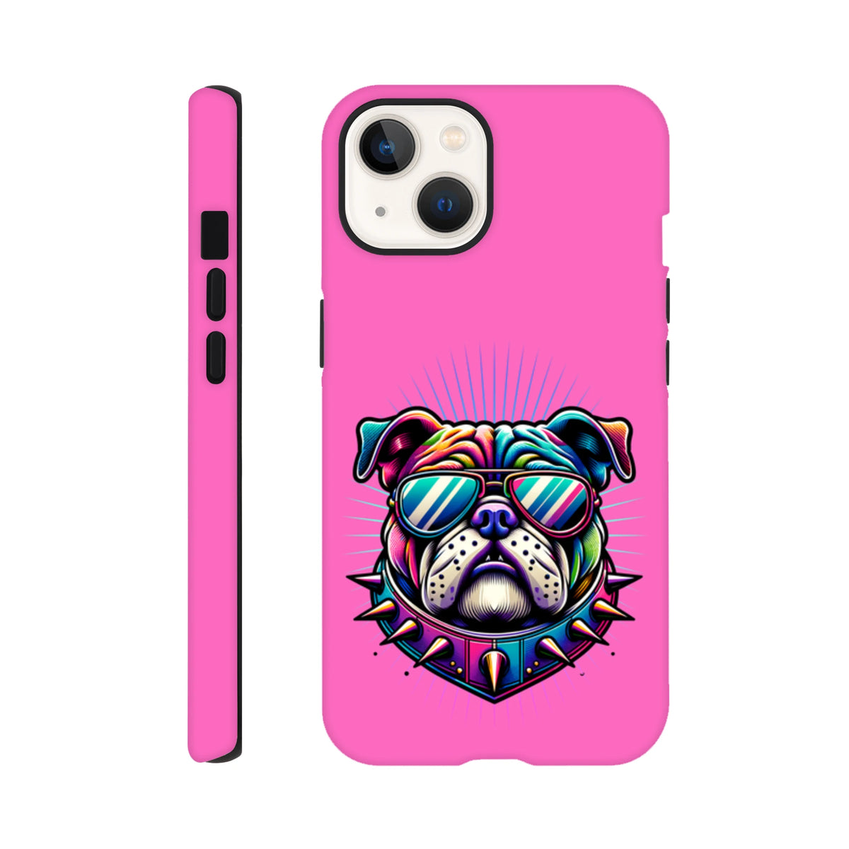 Pink iPhone case for 13-16 with bold retro bulldog print and sunglasses graphic.