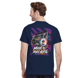 Back of navy men's tee featuring retro boombox graphic with palm tree and "Made To Make Noise" text.