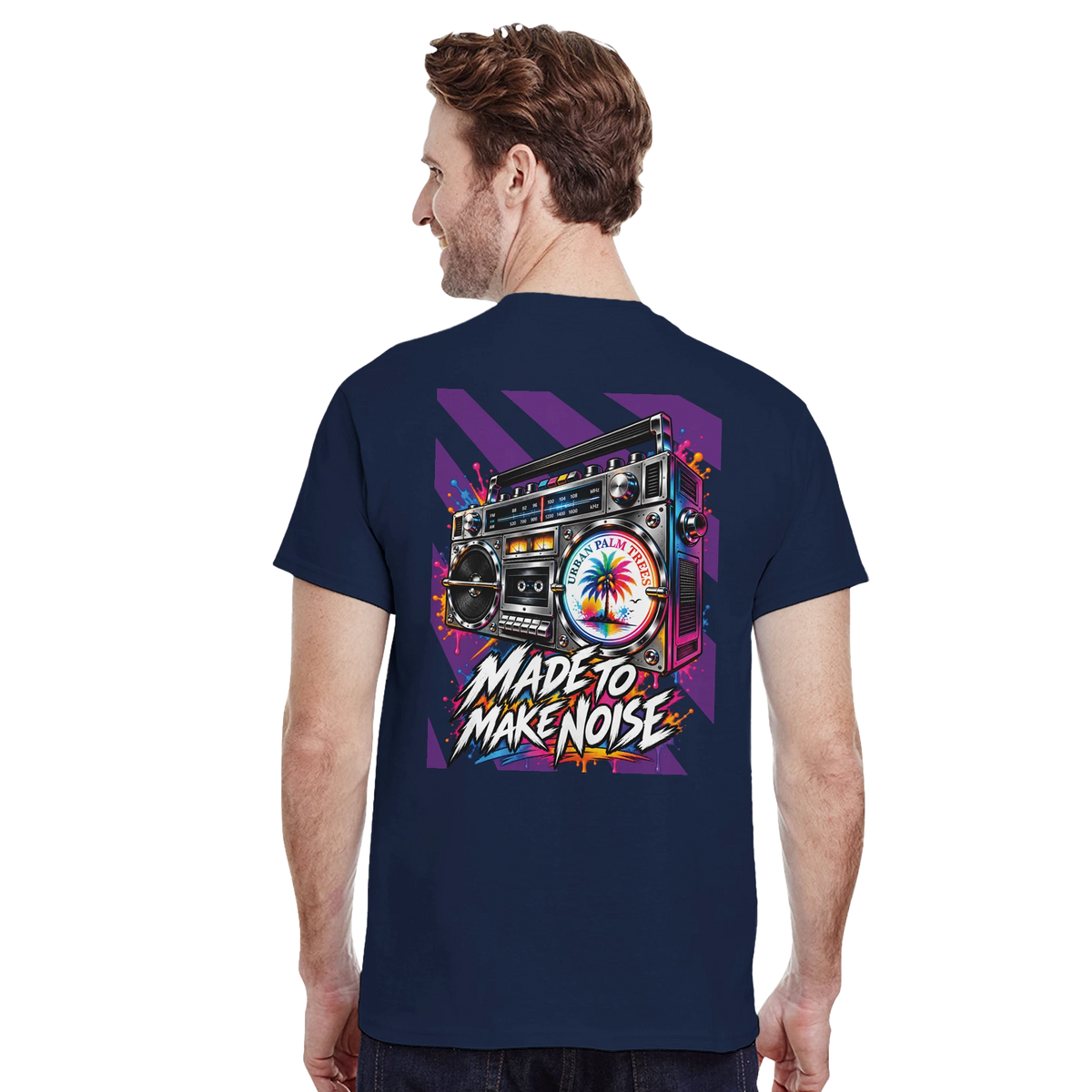 Back of navy men's tee featuring retro boombox graphic with palm tree and "Made To Make Noise" text.