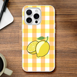 Yellow Lemon Gingham iPhone Case for iPhone 13–16 with lemon print on gingham pattern.