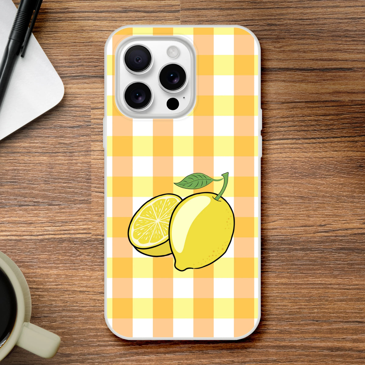 Yellow Lemon Gingham iPhone Case for iPhone 13–16 with lemon print on gingham pattern.
