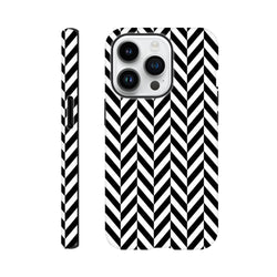 Black and white geometric herringbone tough iPhone case with dual-layer shock absorption and exact cutouts for models 13 through 16.