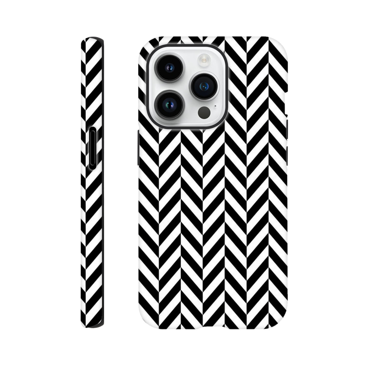 Black and white geometric herringbone tough iPhone case with dual-layer shock absorption and exact cutouts for models 13 through 16.