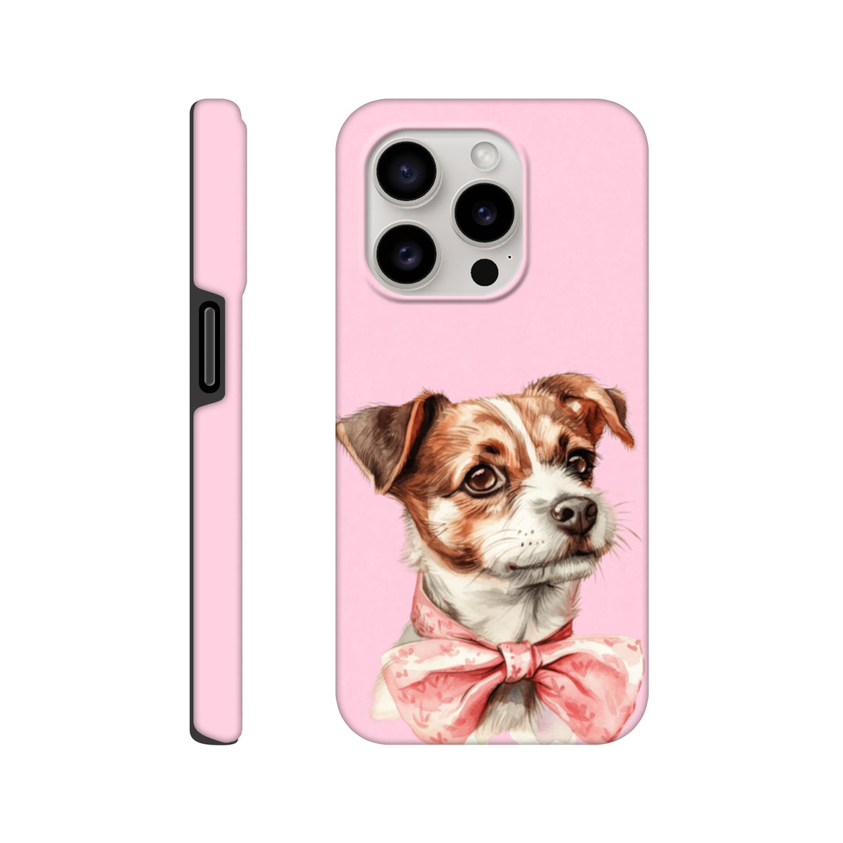 Pink tough iPhone case featuring a cute dog illustration wearing a floral bow. Shock-absorbent protective phone cover for daily city use.