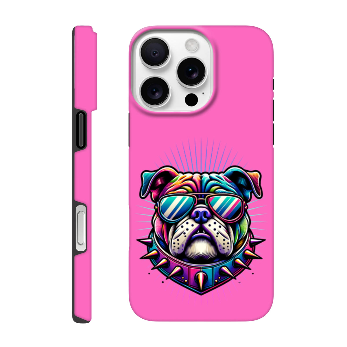 Pink tough iPhone case featuring a colorful retro bulldog wearing sunglasses and a spiked punk collar.