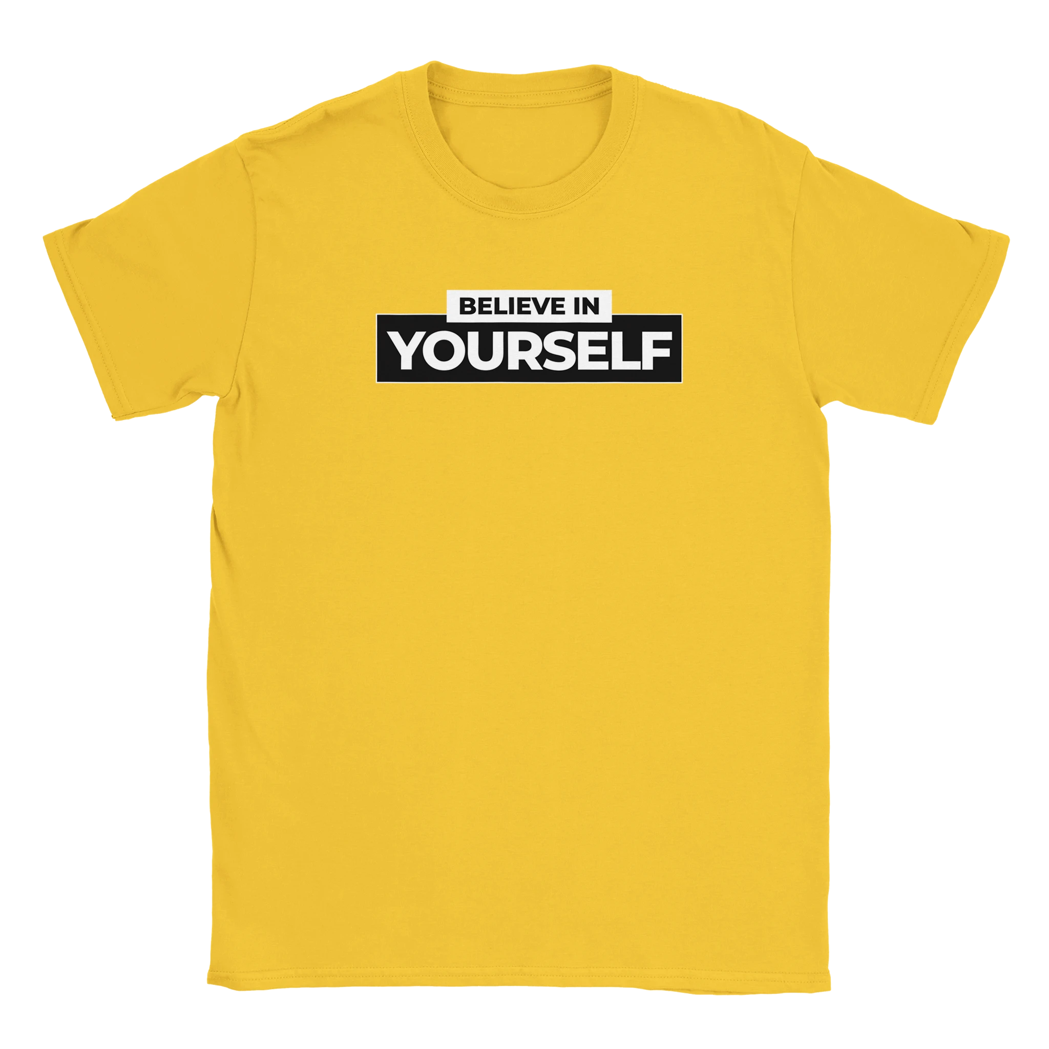 Yellow women's T-shirt featuring bold 'BELIEVE IN YOURSELF' slogan in a black-and-white block design.