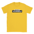 Yellow women's T-shirt featuring bold 'BELIEVE IN YOURSELF' slogan in a black-and-white block design.