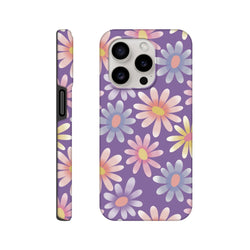 Purple iPhone case featuring a retro pastel daisy floral pattern with shock-absorbing TPU protection for models 13-16.