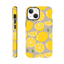 Cute yellow lemon tough iPhone case featuring a vibrant citrus pattern on a grey background with durable drop guard protection for city life.