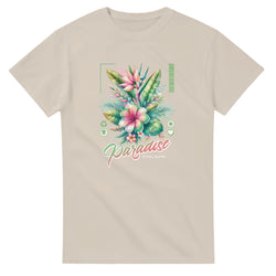 Beige Paradise women's graphic T-shirt with tropical flower bouquet on soft cotton blend fabric.