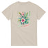 Beige Paradise women's graphic T-shirt with tropical flower bouquet on soft cotton blend fabric.