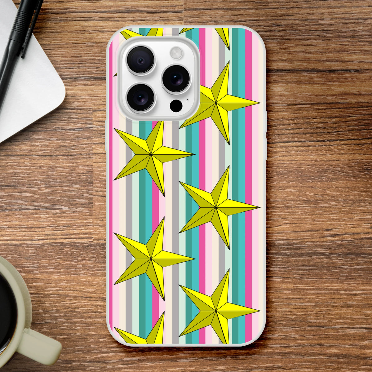 Pastel stripe iPhone case with gold stars for 13-16, slim matte TPU, cute aesthetic cover.