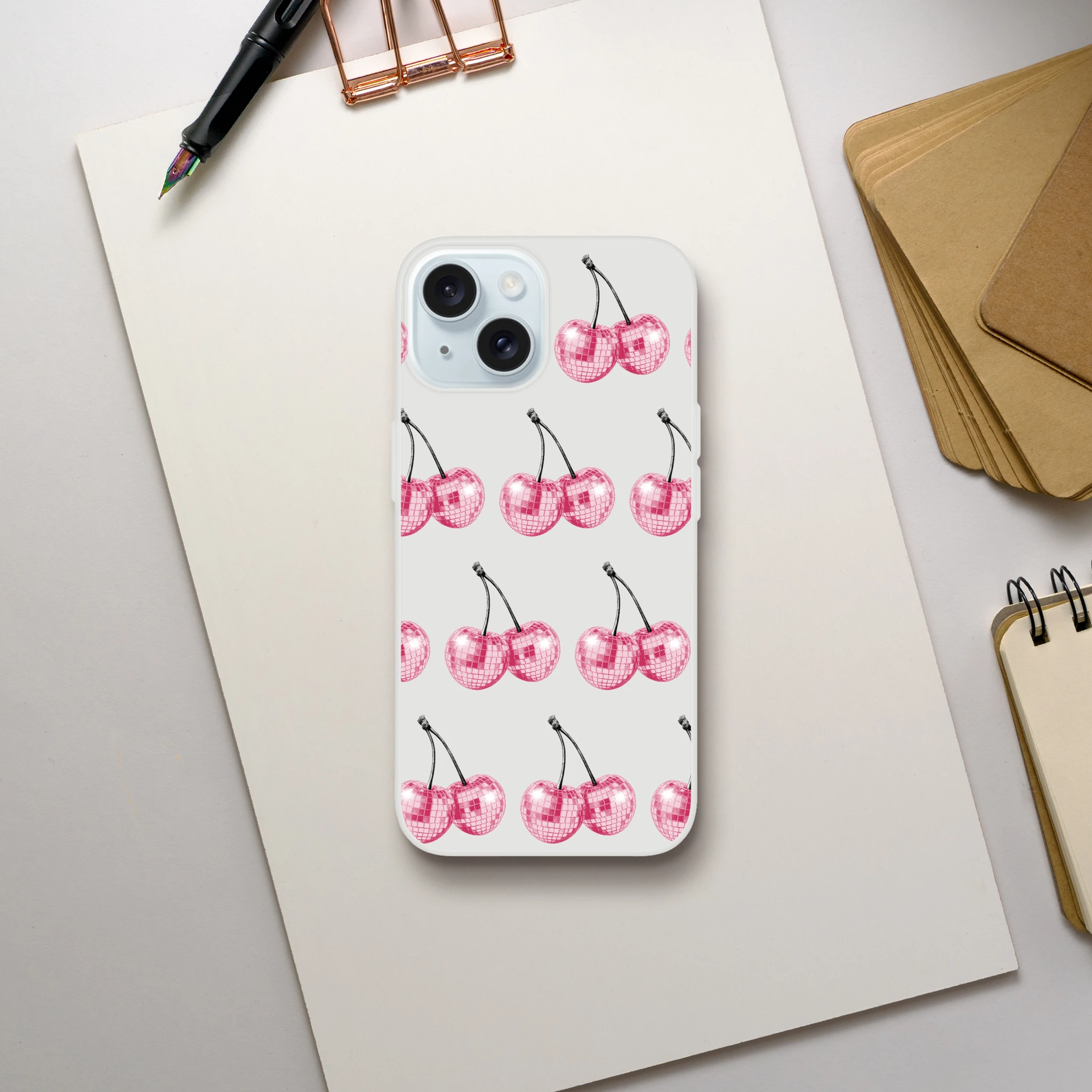 Slim protective iPhone case with frosted transparent finish and pink glitter ball cherry pattern for iPhone 13-16.