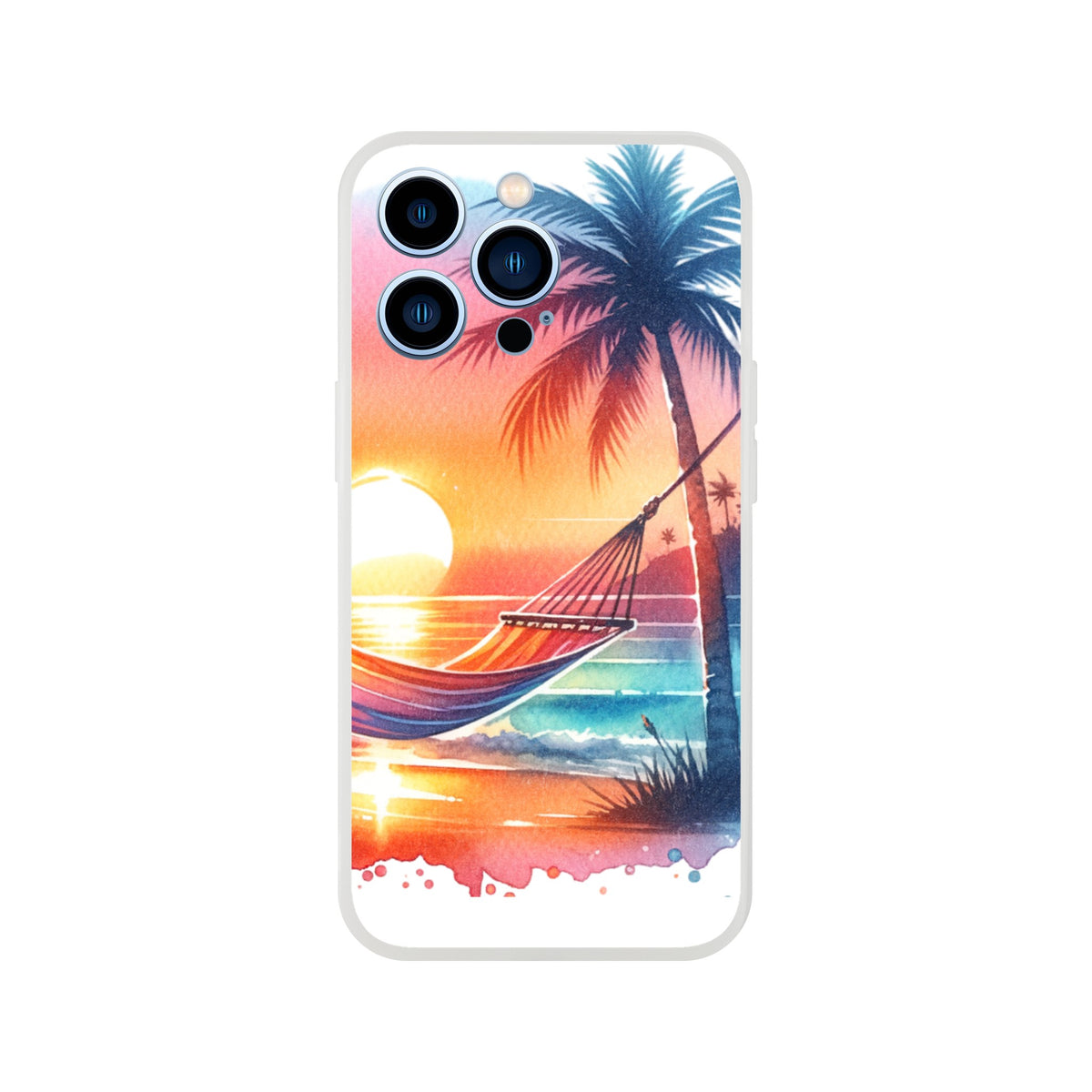 Tropical beach sunset iPhone case, slim protective cover with palm trees and hammock.