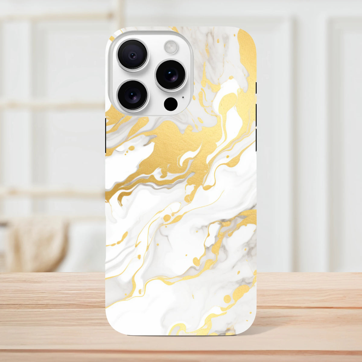 Luxury white and gold marble iPhone case featuring an abstract paint pattern, perfect for models 13 through 16.