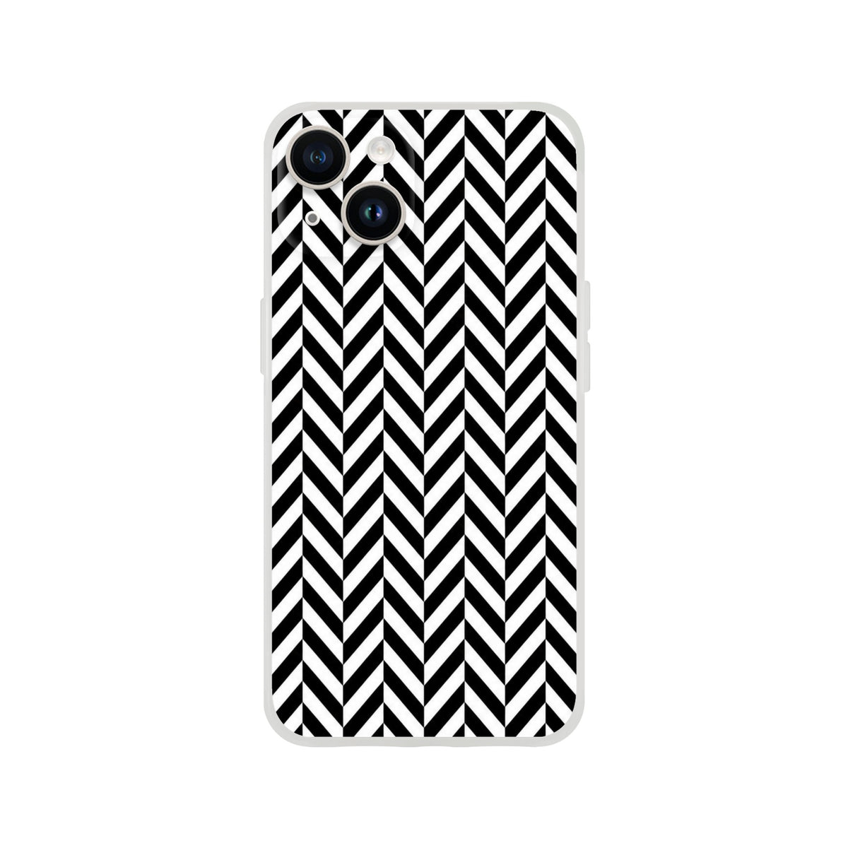 Black and white herringbone iPhone case featuring a geometric chevron pattern. Shock-absorbing TPU cover with a crisp matte finish for models 13-16.