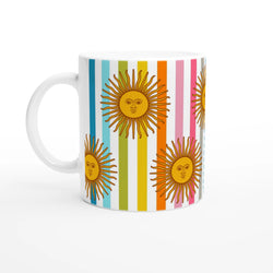 Retro Rainbow Sun Mug with vertical rainbow stripes and sun illustration.