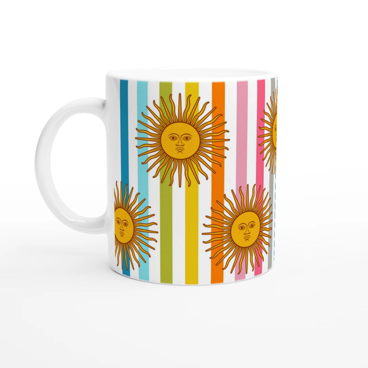 Retro Rainbow Sun Mug with vertical rainbow stripes and sun illustration.