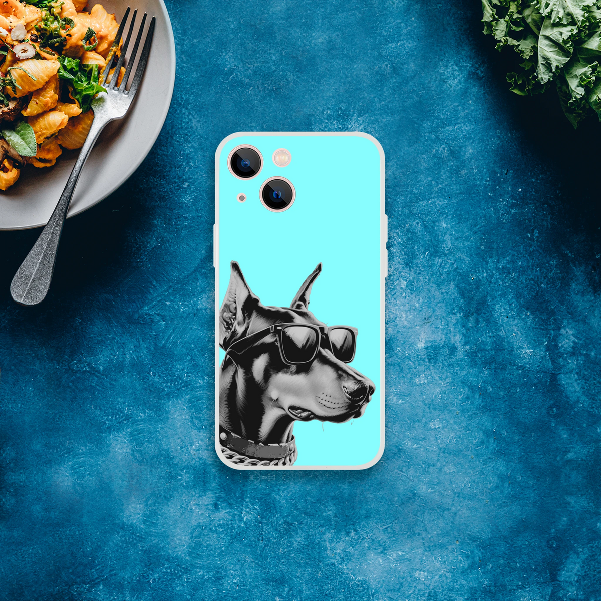 Cool Dog iPhone Case (13-16) Retro Aesthetic Phone Cover: turquoise back with dog wearing sunglasses.