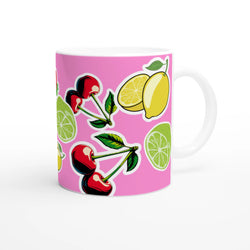 Cute Fruit Ceramic Mug with pink background, featuring cherries, lemons, and lime design