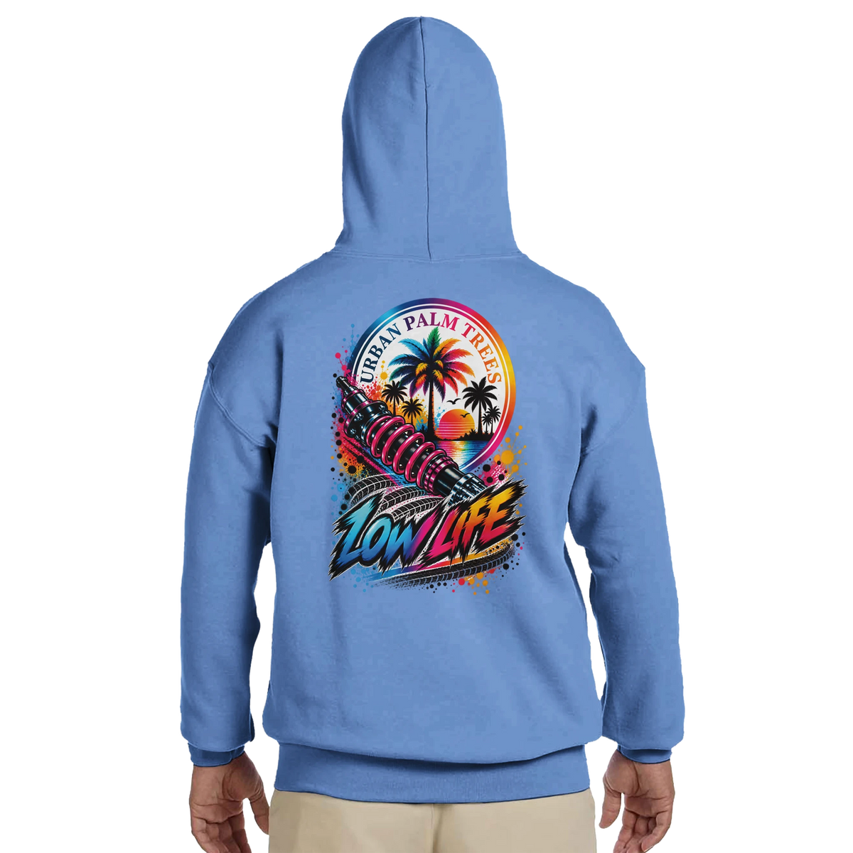 Blue Low Life car culture hoodie featuring a back graphic of a shock absorber, palm trees, and urban sunset text.