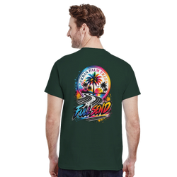 Back view of a dark green full send petrolhead t-shirt featuring a retro palm tree and tire track graphic.