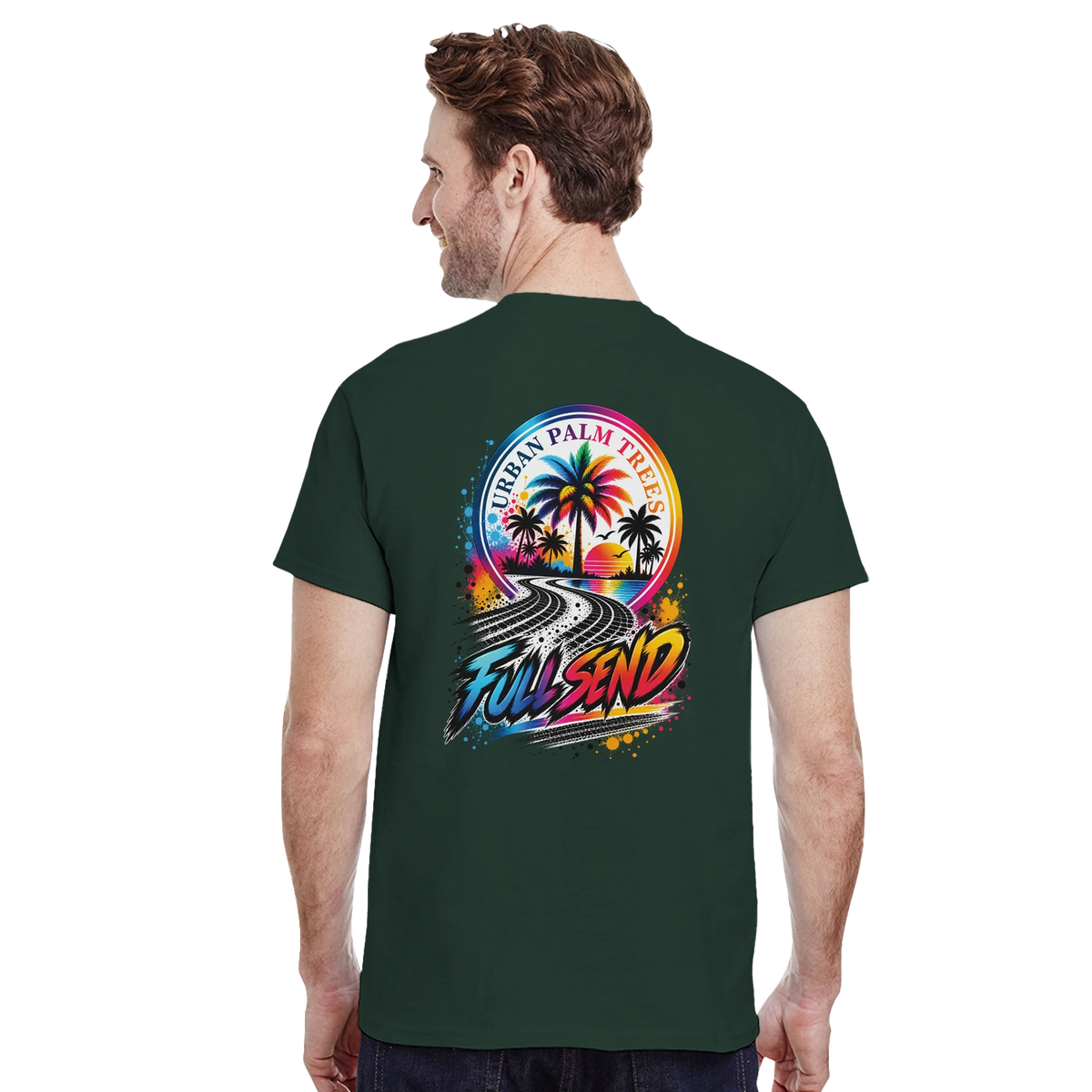 Back view of a dark green full send petrolhead t-shirt featuring a retro palm tree and tire track graphic.