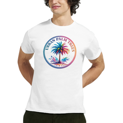 Urban Palm Trees Tee for Men with rainbow circular palm print.