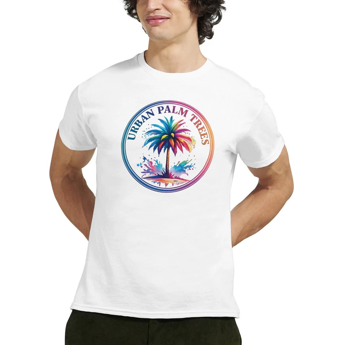 Urban Palm Trees Tee for Men with rainbow circular palm print.
