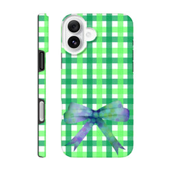Green ginghamiPhone case with iridescent polka dot bow, coquette style tough cover for iPhone 13-16