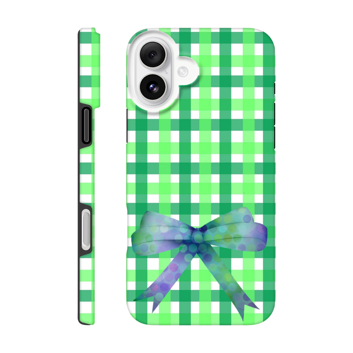 Green ginghamiPhone case with iridescent polka dot bow, coquette style tough cover for iPhone 13-16