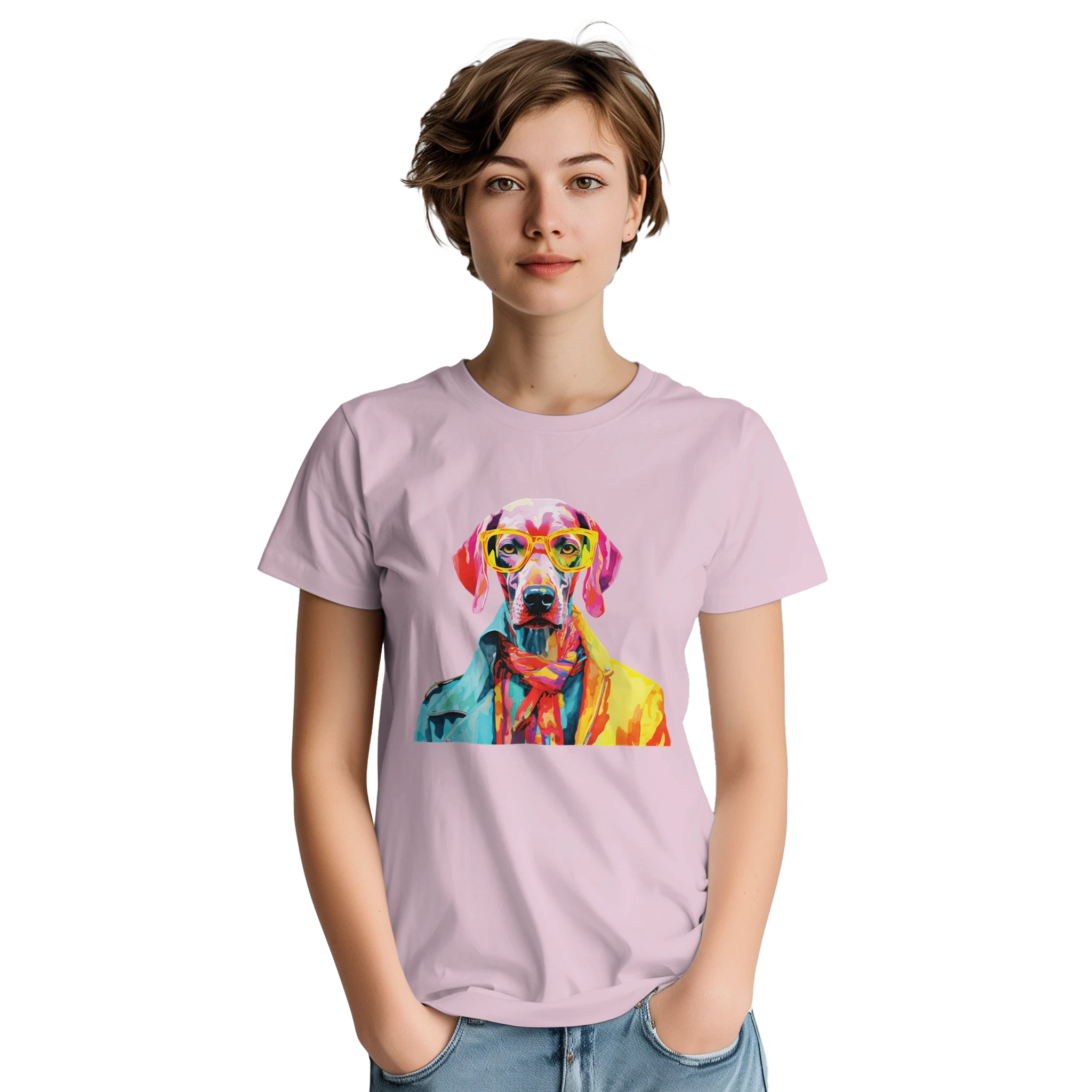 Lavender women's Gent Dog T-Shirt with soft cotton blend and colorful dog graphic wearing yellow sunglasses