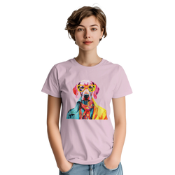 Lavender women's Gent Dog T-Shirt with soft cotton blend and colorful dog graphic wearing yellow sunglasses