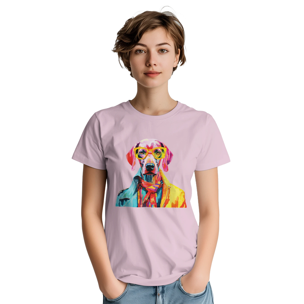 Lavender women's Gent Dog T-Shirt with soft cotton blend and colorful dog graphic wearing yellow sunglasses