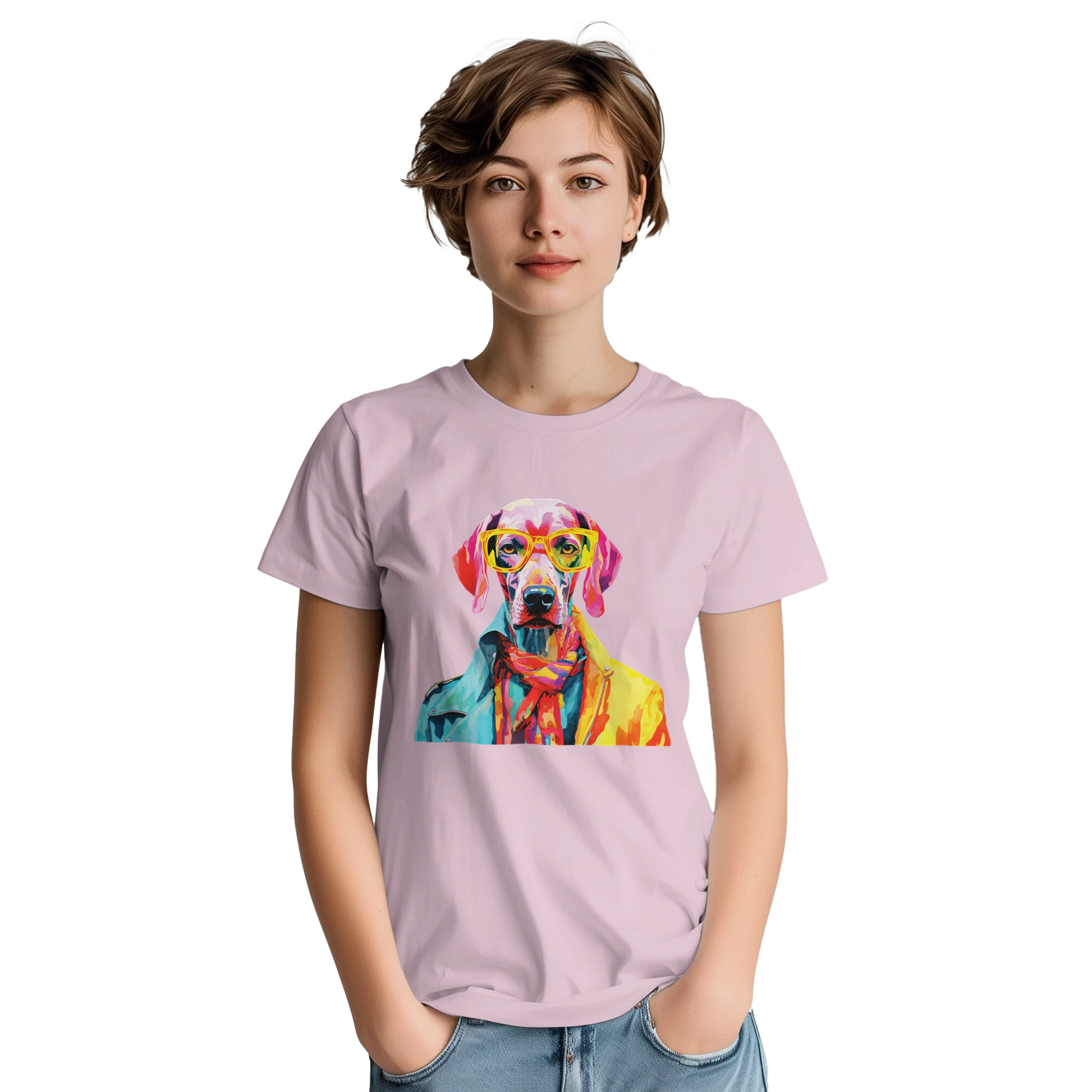 Lavender women's Gent Dog T-Shirt with soft cotton blend and colorful dog graphic wearing yellow sunglasses