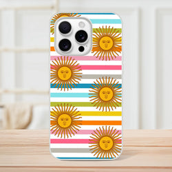 Retro rainbow sun iPhone case for 13-16 with boho aesthetic, matte finish and striped background.