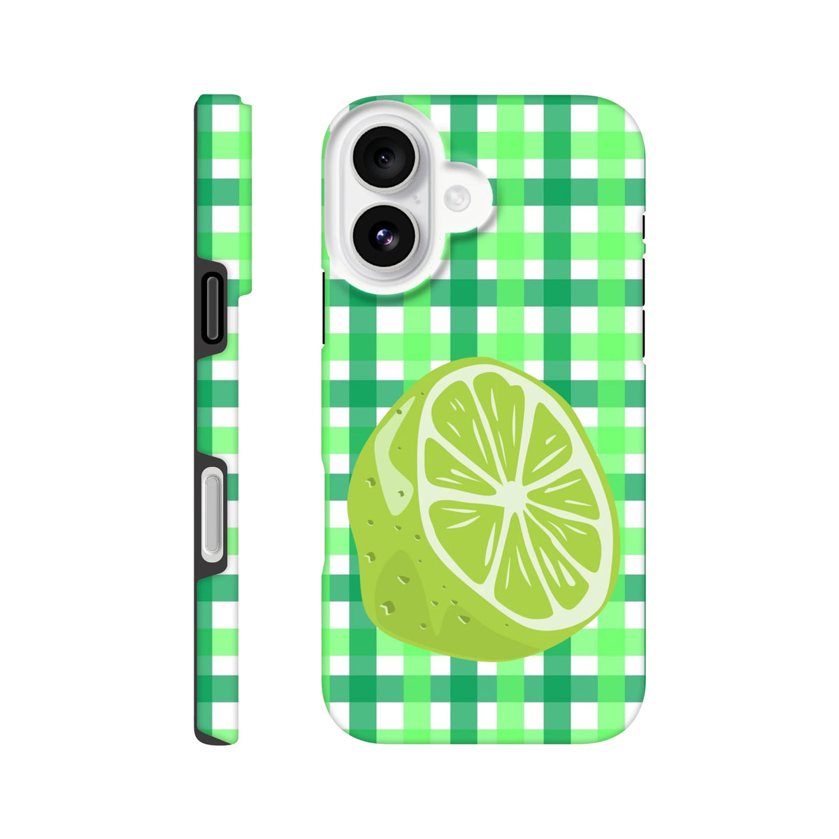 Green gingham iPhone case featuring a large citrus lime slice graphic and shock-absorbing side buttons for durable daily protection.