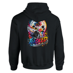 Back of black hoodie featuring colorful modified car graphic with palm trees, sunset, and Tucked text for petrolhead streetwear.