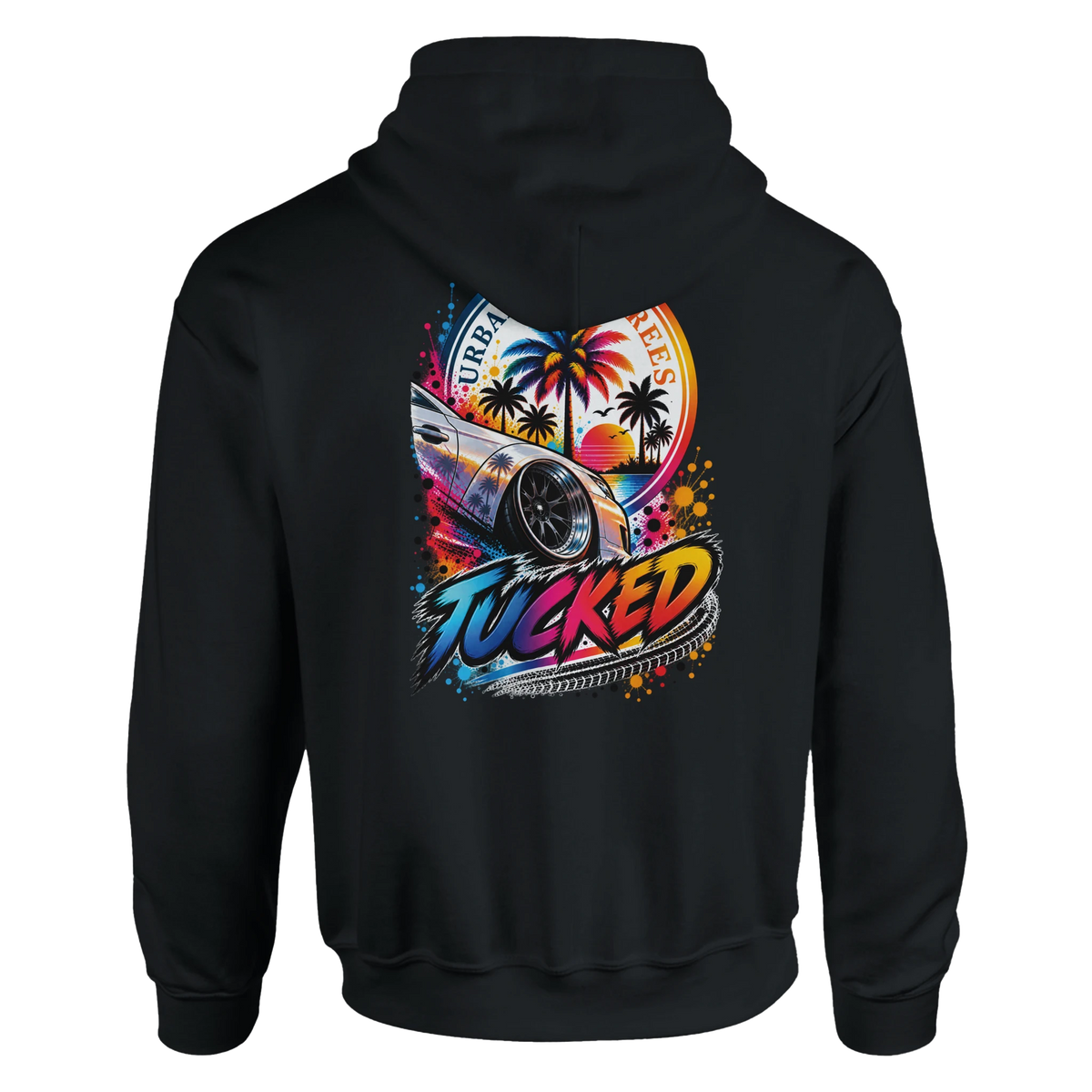 Back of black hoodie featuring colorful modified car graphic with palm trees, sunset, and Tucked text for petrolhead streetwear.